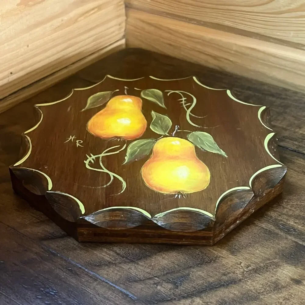 Vintage 70s Hand Painted Pear Wall Plaque Folk Art Signed Texas Kitchen Decor
